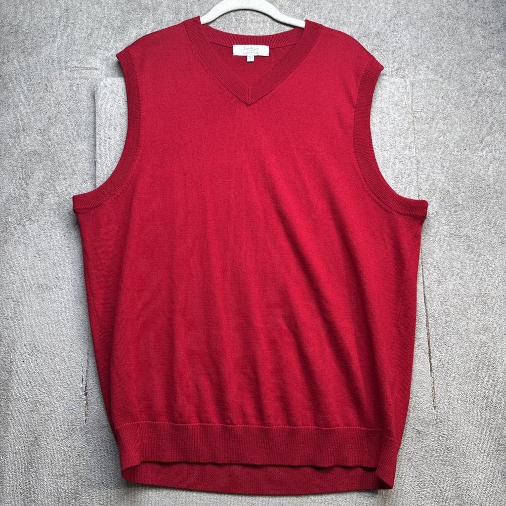 Turnbury Men's Red Merino Wool Sweater Vest Large Classic V-Neck Knit Pullover